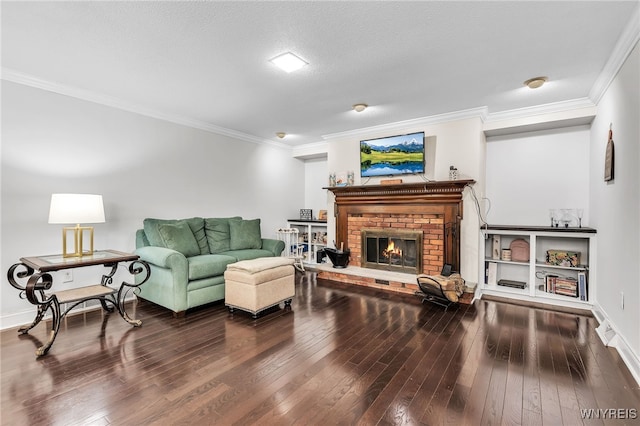 112 Creekview Dr, West Seneca, NY 14224 - living area with crown molding, wood-type flooring, and a brick fireplace