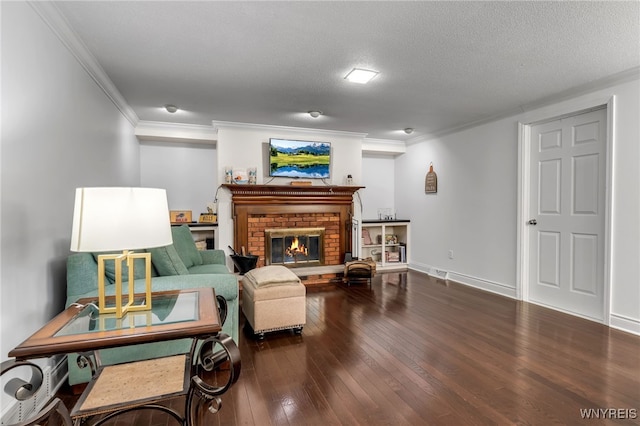 112 Creekview Dr, West Seneca, NY 14224 - living area featuring wood-type flooring, crown molding, a textured ceiling, and a brick fireplace