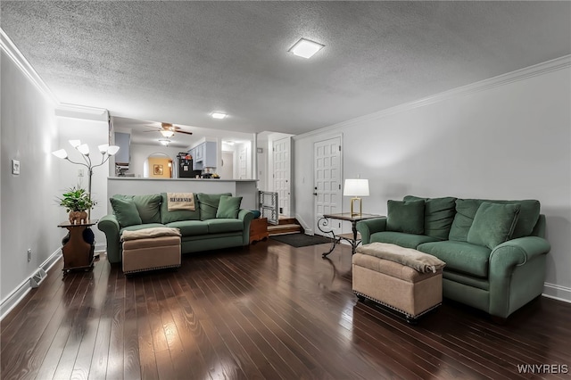112 Creekview Dr, West Seneca, NY 14224 - living room with ornamental molding, a textured ceiling, hardwood / wood-style floors, and ceiling fan