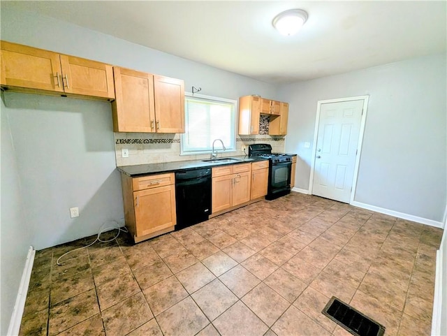 883 Brown Rd, Irondequoit, NY 14622 - kitchen featuring black appliances, dark countertops, backsplash, and light brown cabinetry