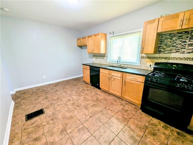 883 Brown Rd, Irondequoit, NY 14622 - kitchen with black appliances, light brown cabinets, tasteful backsplash, dark countertops, and light tile patterned floors