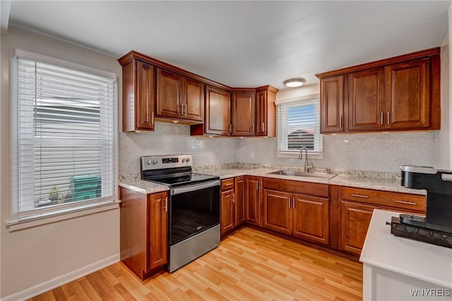 445 75th St, Niagara Falls, NY 14304 - kitchen with stainless steel electric range oven, light wood finished floors, decorative backsplash, and brown cabinets