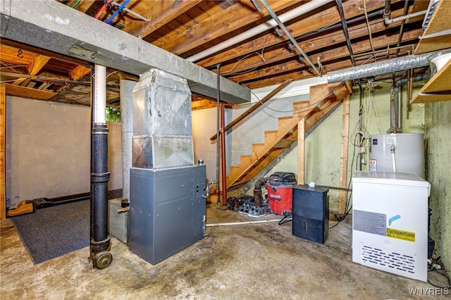 445 75th St, Niagara Falls, NY 14304 - unfinished below grade area featuring fridge, water heater, stairs, and heating unit