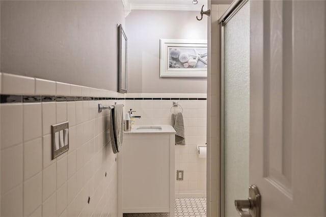 798 Hawthorne Pl, Webster, NY 14580 - bathroom featuring vanity, crown molding, tile walls, an enclosed shower, and tile patterned flooring