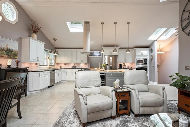 798 Hawthorne Pl, Webster, NY 14580 - living room featuring a skylight, wine cooler, light tile patterned flooring, and high vaulted ceiling