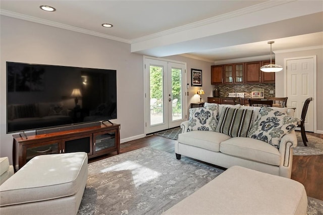 798 Hawthorne Pl, Webster, NY 14580 - living room featuring dark wood finished floors, ornamental molding, and recessed lighting