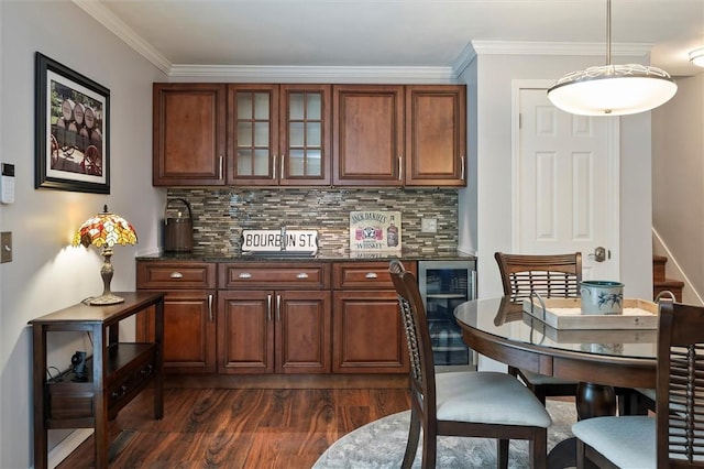798 Hawthorne Pl, Webster, NY 14580 - kitchen with dark wood-style flooring, beverage cooler, backsplash, glass insert cabinets, and crown molding