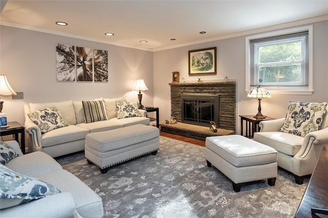 798 Hawthorne Pl, Webster, NY 14580 - living area featuring ornamental molding, a fireplace, wood finished floors, and recessed lighting