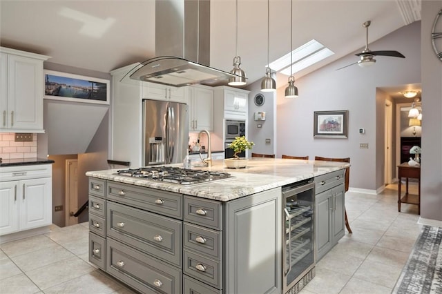 798 Hawthorne Pl, Webster, NY 14580 - kitchen featuring wine cooler, appliances with stainless steel finishes, gray cabinetry, island range hood, and lofted ceiling
