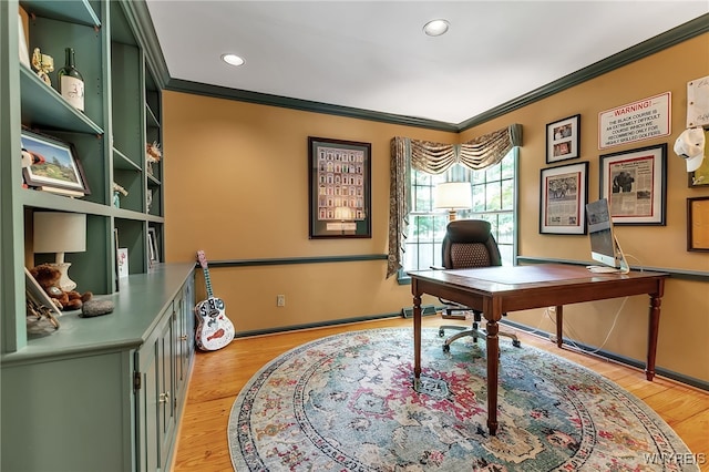 29 Cherry Tree Ln, Orchard Park, NY 14127 - office space with ornamental molding, light wood-type flooring, and recessed lighting