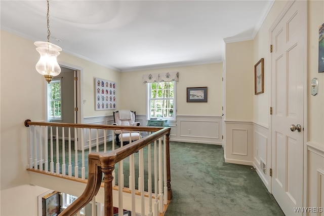 29 Cherry Tree Ln, Orchard Park, NY 14127 - hallway featuring dark colored carpet, crown molding, wainscoting, and a decorative wall