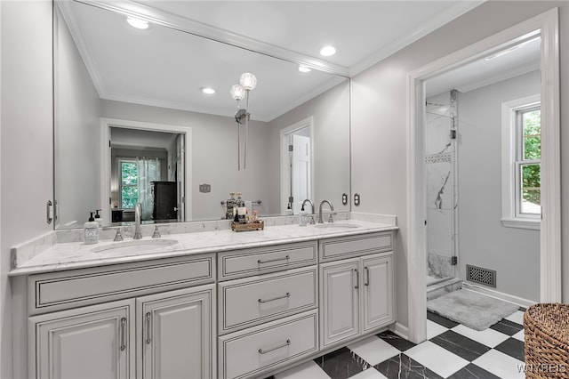 29 Cherry Tree Ln, Orchard Park, NY 14127 - full bathroom featuring double vanity, a marble finish shower, plenty of natural light, ornamental molding, and recessed lighting