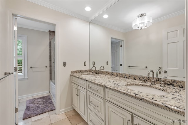 29 Cherry Tree Ln, Orchard Park, NY 14127 - bathroom featuring double vanity, tile patterned flooring, ornamental molding, recessed lighting, and shower / bath combination with glass door