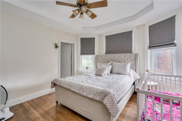 210 N James St, Wilna, NY 13619 - bedroom with wood finished floors, a tray ceiling, and ceiling fan