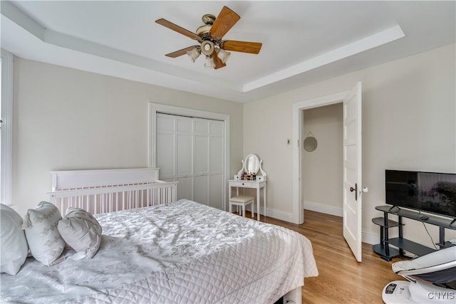 210 N James St, Wilna, NY 13619 - bedroom with a tray ceiling, light wood finished floors, a closet, and a ceiling fan