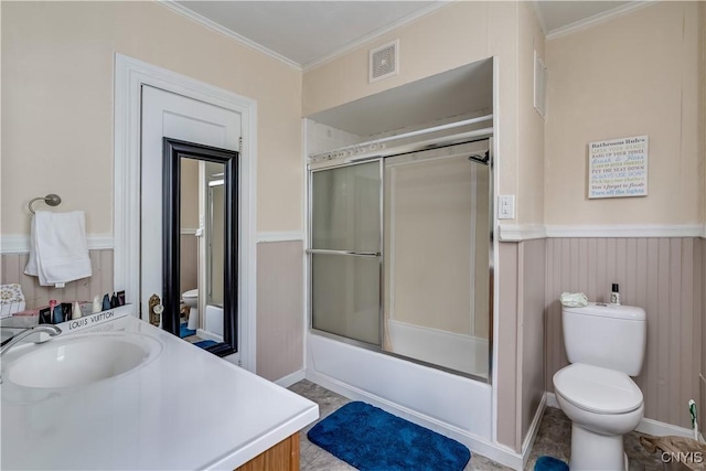 210 N James St, Wilna, NY 13619 - bathroom featuring vanity, wainscoting, crown molding, and bath / shower combo with glass door