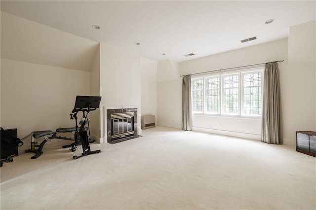 8 Oak Ln, Brighton, NY 14610 - exercise area with carpet flooring, a premium fireplace, and recessed lighting