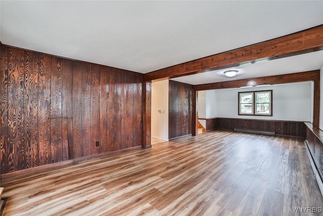 46 Macarthur Dr, Amherst, NY 14221 - spare room featuring wooden walls, wood finished floors, beam ceiling, and a baseboard heating unit