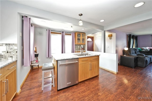120 Cloverside Ct, West Seneca, NY 14224 - kitchen with dishwasher, open floor plan, backsplash, dark wood-style flooring, and light stone countertops
