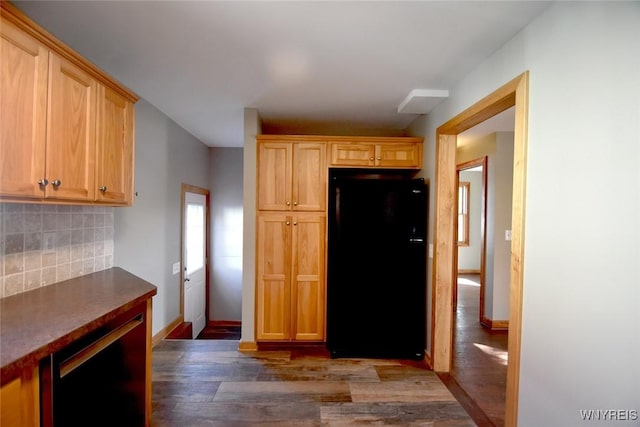 51 N Forest Rd, Amherst, NY 14221 - kitchen featuring freestanding refrigerator, decorative backsplash, wood finished floors, beverage cooler, and light brown cabinetry