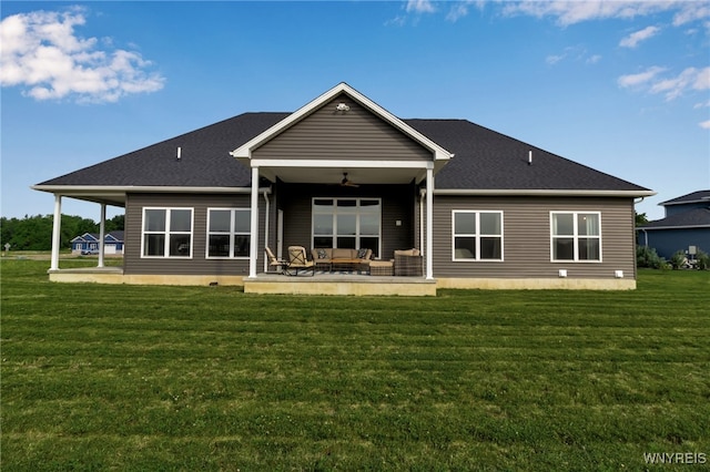6993 Pine Lk, Pendleton, NY 14120 - rear view of property with ceiling fan, a patio area, a lawn, and outdoor lounge area