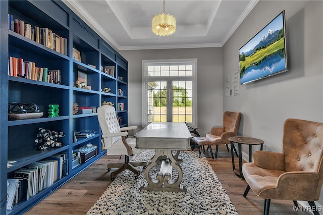 6993 Pine Lk, Pendleton, NY 14120 - office space with dark wood-type flooring, a tray ceiling, a chandelier, and crown molding