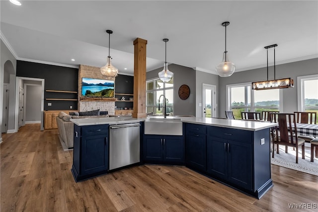 6993 Pine Lk, Pendleton, NY 14120 - kitchen featuring dishwasher, ornamental molding, light countertops, wood finished floors, and recessed lighting