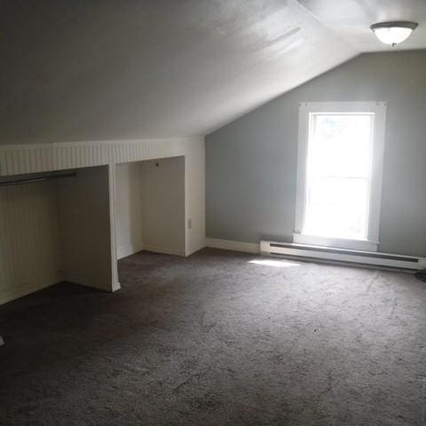 13 E Albion St, Murray, NY 14470 - bonus room with baseboard heating, lofted ceiling, and dark carpet