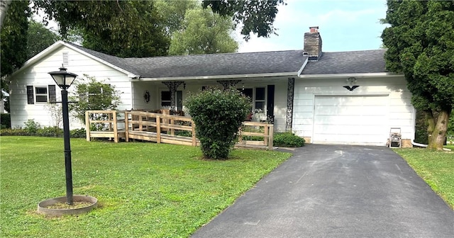 2 Maple Rd, Big Flats, NY 14845 - ranch-style house featuring a porch, a chimney, a front yard, an attached garage, and driveway