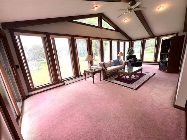 2 Maple Rd, Big Flats, NY 14845 - living room with light carpet, a baseboard radiator, and a ceiling fan