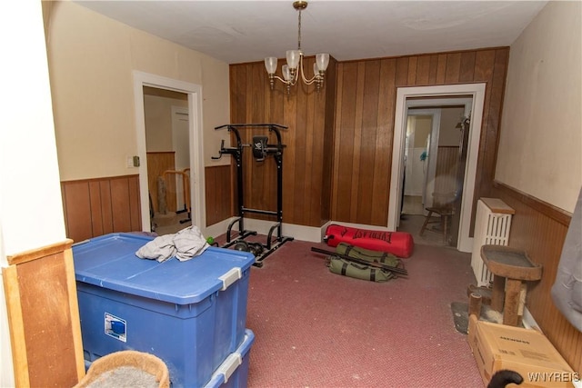 14 W Main St, Concord, NY 14141 - exercise room with wood walls, a chandelier, carpet floors, and wainscoting