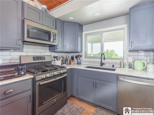 8800 Harmon Hill Rd, Pomfret, NY 14063 - kitchen with appliances with stainless steel finishes, backsplash, light wood-style floors, gray cabinetry, and recessed lighting