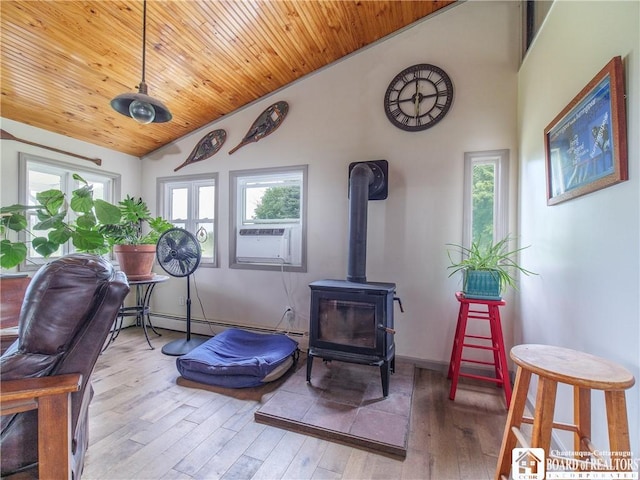 8800 Harmon Hill Rd, Pomfret, NY 14063 - sitting room featuring lofted ceiling, a wood stove, wood finished floors, cooling unit, and wooden ceiling
