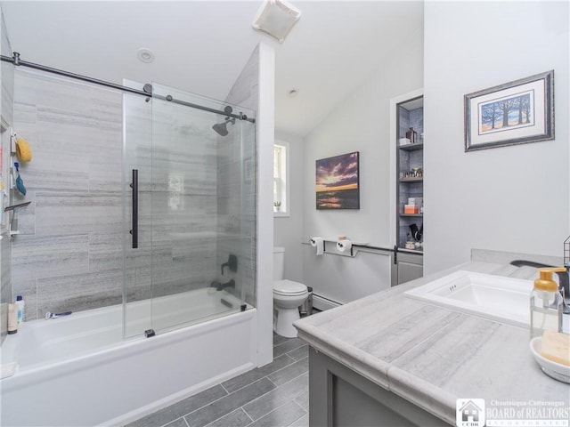 8800 Harmon Hill Rd, Pomfret, NY 14063 - bathroom featuring lofted ceiling, vanity, enclosed tub / shower combo, and a baseboard radiator