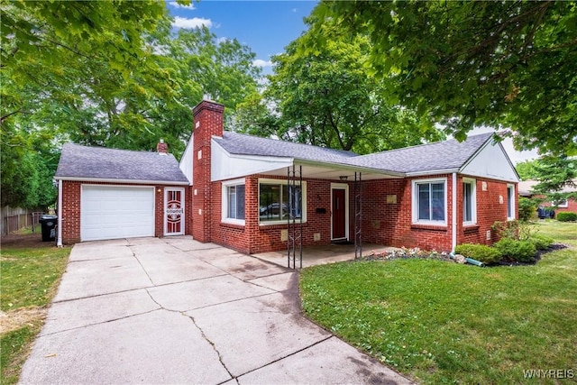 26 Farber Ln, Amherst, NY 14221 - ranch-style home with brick siding, a garage, a chimney, a front yard, and driveway