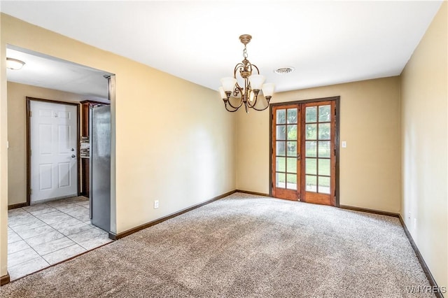26 Farber Ln, Amherst, NY 14221 - spare room with light colored carpet, a chandelier, and french doors
