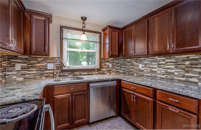 26 Farber Ln, Amherst, NY 14221 - kitchen with dishwasher, black electric range, light tile patterned floors, light stone countertops, and tasteful backsplash
