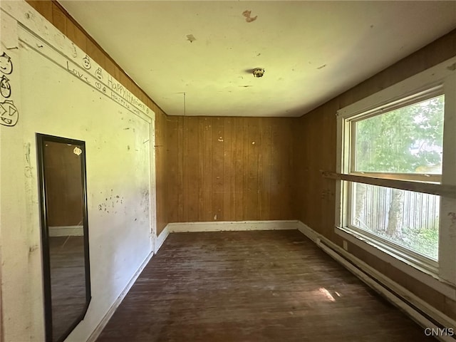 85 W Clark St, German Flatts, NY 13357 - spare room with a baseboard radiator, dark wood-style floors, and wood walls