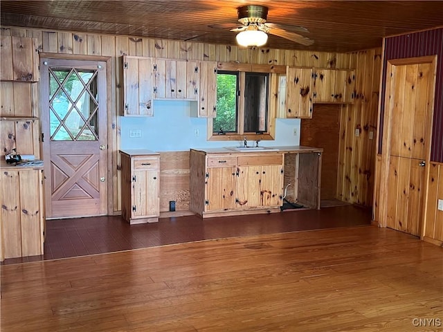 8227 Catfish Point Rd, Cape Vincent, NY 13624 - kitchen with dark wood-style flooring, light countertops, a ceiling fan, wooden walls, and healthy amount of natural light
