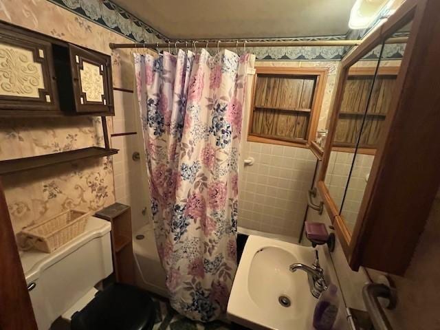 67 Perry Ave, Corning City, NY 14830 - full bath featuring wallpapered walls, shower / bath combo, tile walls, and vanity