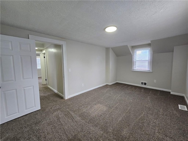 2381 Culver Rd, Irondequoit, NY 14609 - additional living space featuring dark colored carpet, a textured ceiling, and vaulted ceiling