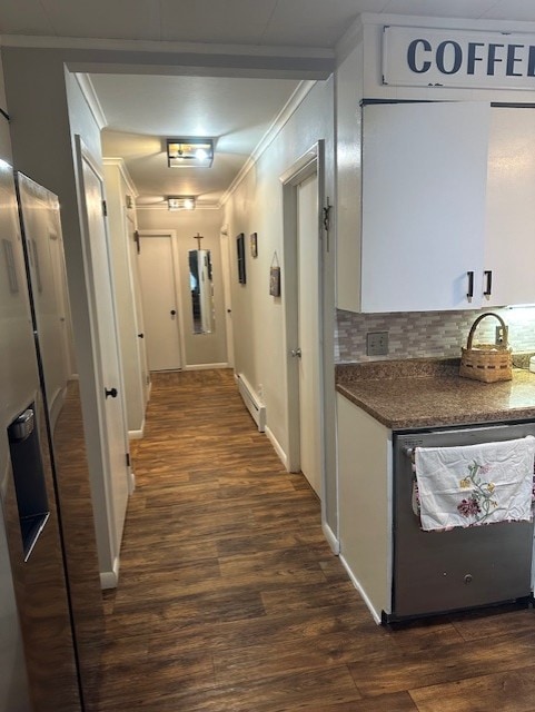 402 E Water St, Smethport Boro, PA 16749 - corridor featuring crown molding, dark wood-style floors, and a baseboard heating unit