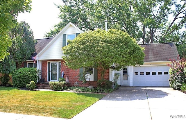 37 Woodmar Ter, West Seneca, NY 14224 - view of property hidden behind natural elements with an attached garage, concrete driveway, a front lawn, and brick siding