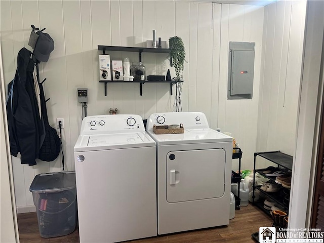 3420 Riverside Dr, Scio, NY 14895 - laundry area featuring electric panel, separate washer and dryer, and dark wood-type flooring