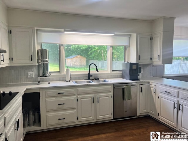 3420 Riverside Dr, Scio, NY 14895 - kitchen with dishwasher, white cabinets, light countertops, black electric cooktop, and ornamental molding