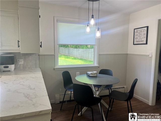 3420 Riverside Dr, Scio, NY 14895 - dining space with a baseboard radiator, dark wood-style floors, and a wainscoted wall