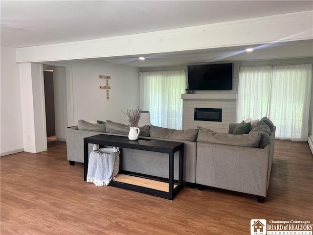 3420 Riverside Dr, Scio, NY 14895 - living area featuring a large fireplace, wood finished floors, and healthy amount of natural light