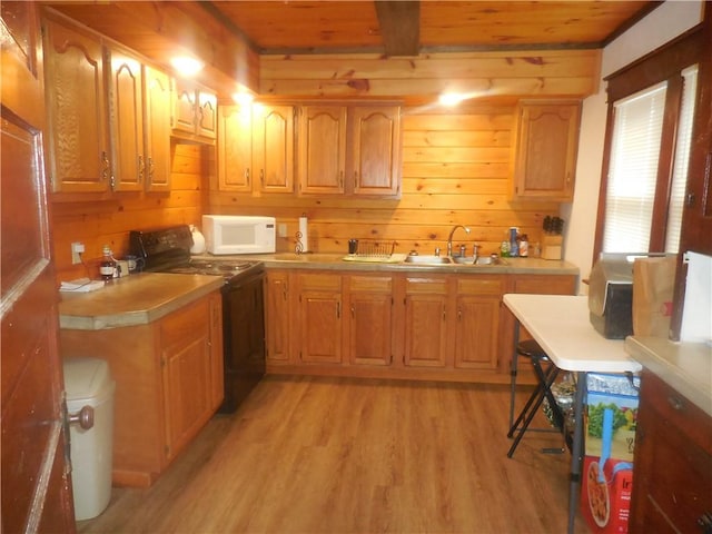 45 Olin Ave, Perry, NY 14530 - kitchen with black stove, white microwave, light wood finished floors, light countertops, and wood ceiling