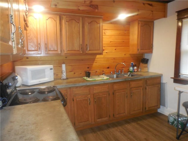 45 Olin Ave, Perry, NY 14530 - kitchen with white microwave, range with electric cooktop, wood finished floors, and light countertops