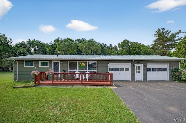 8500 Pools Brook Rd, Manlius, NY 13082 - single story home with a front lawn, a wooden deck, a metal roof, and view of scattered trees